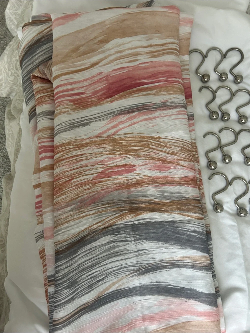 Shower Curtain fabrics white gray, taupe with silver rings. Mainstay, pre owned